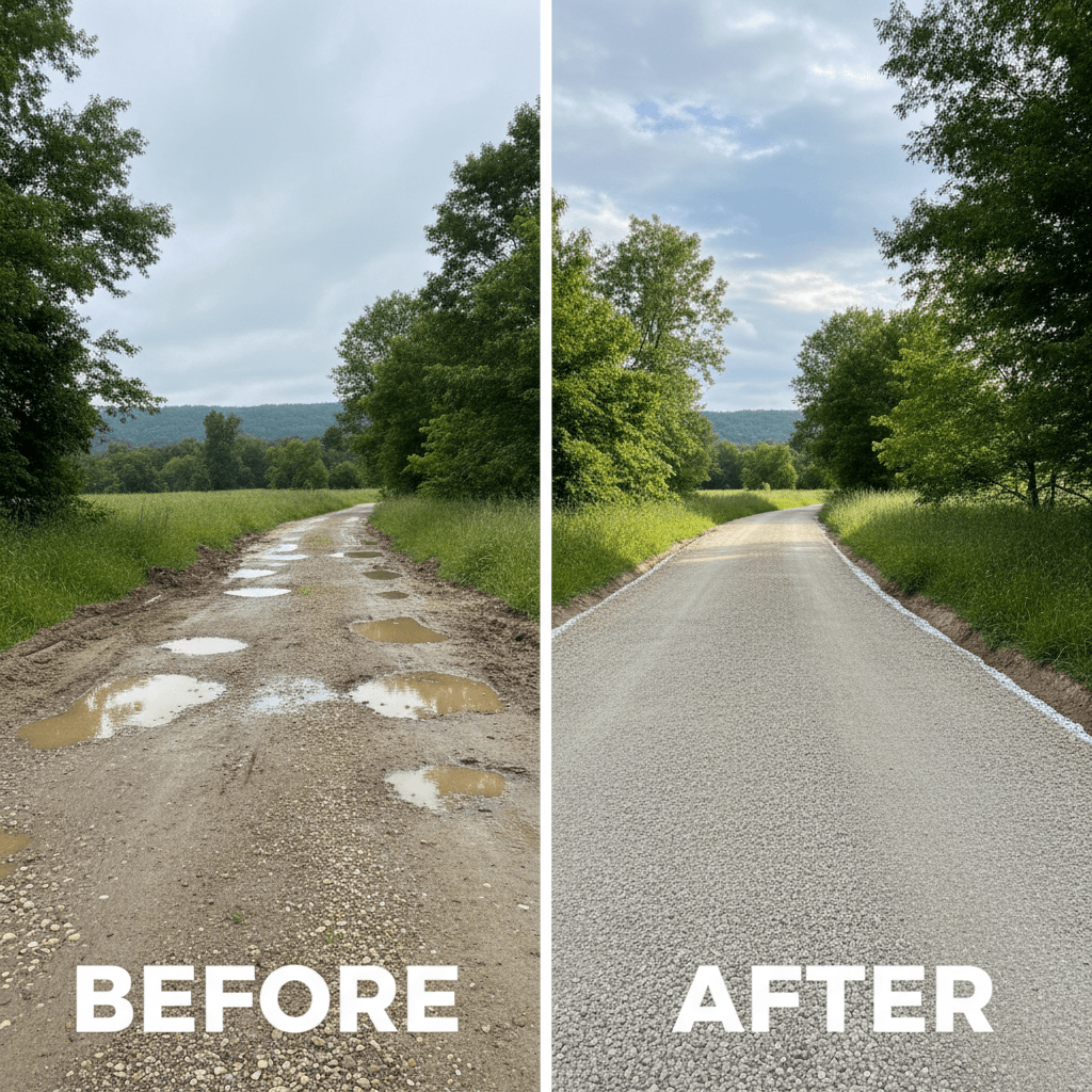 Driveway grading before and after showing pothole repair and improved drainage