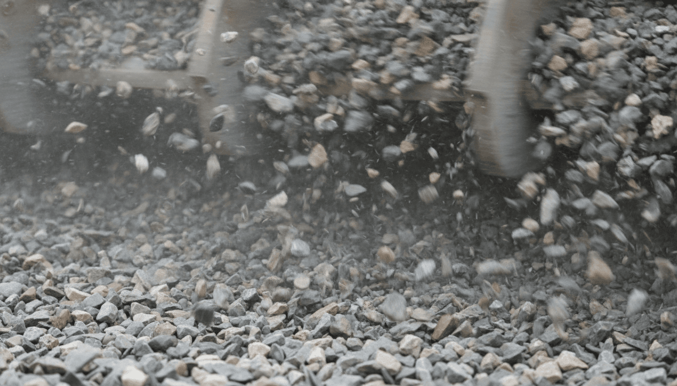 Close-up of gravel being remixed and reshaped by the grading trailer