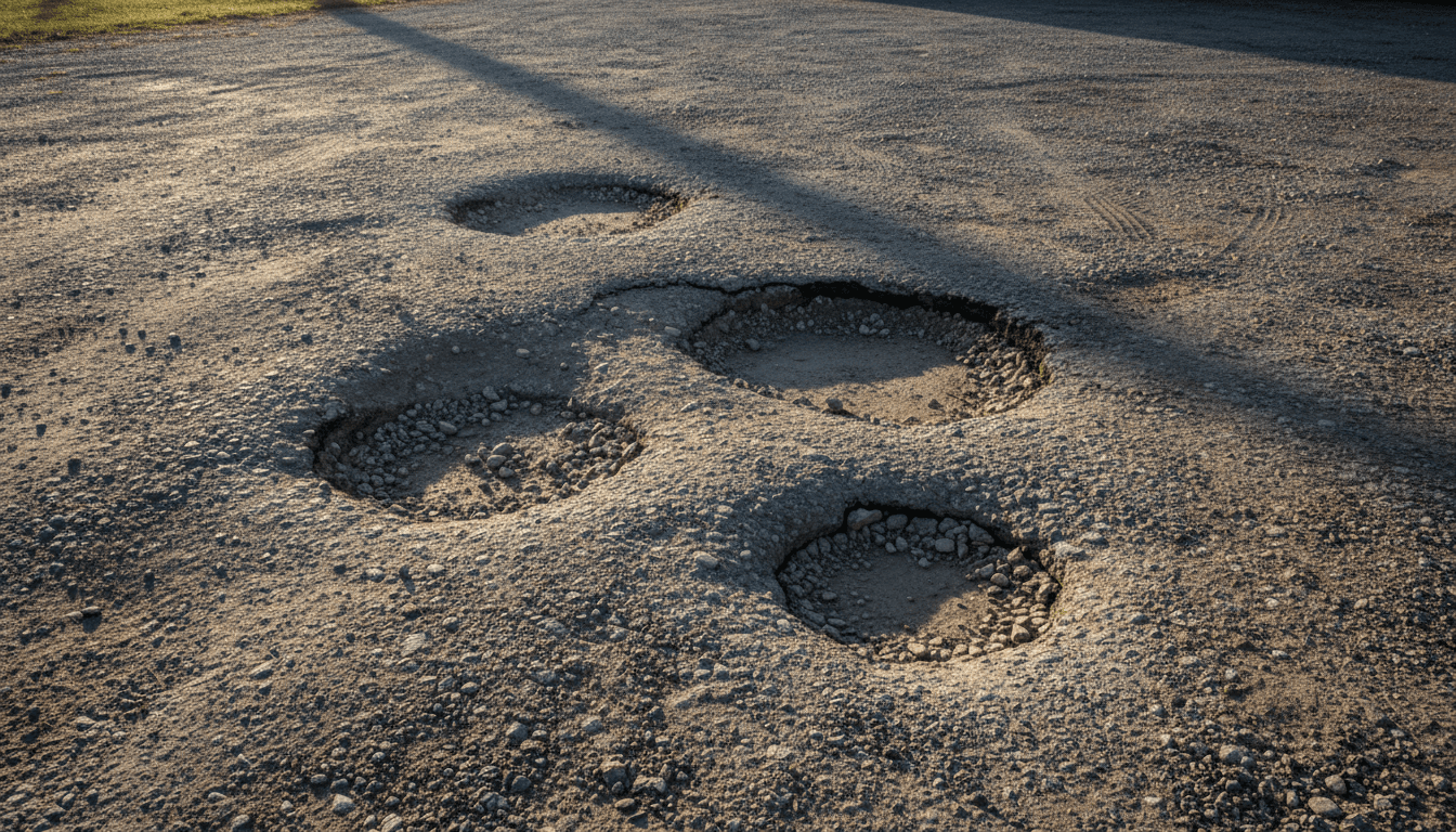 Gravel driveway with deep potholes and uneven surface