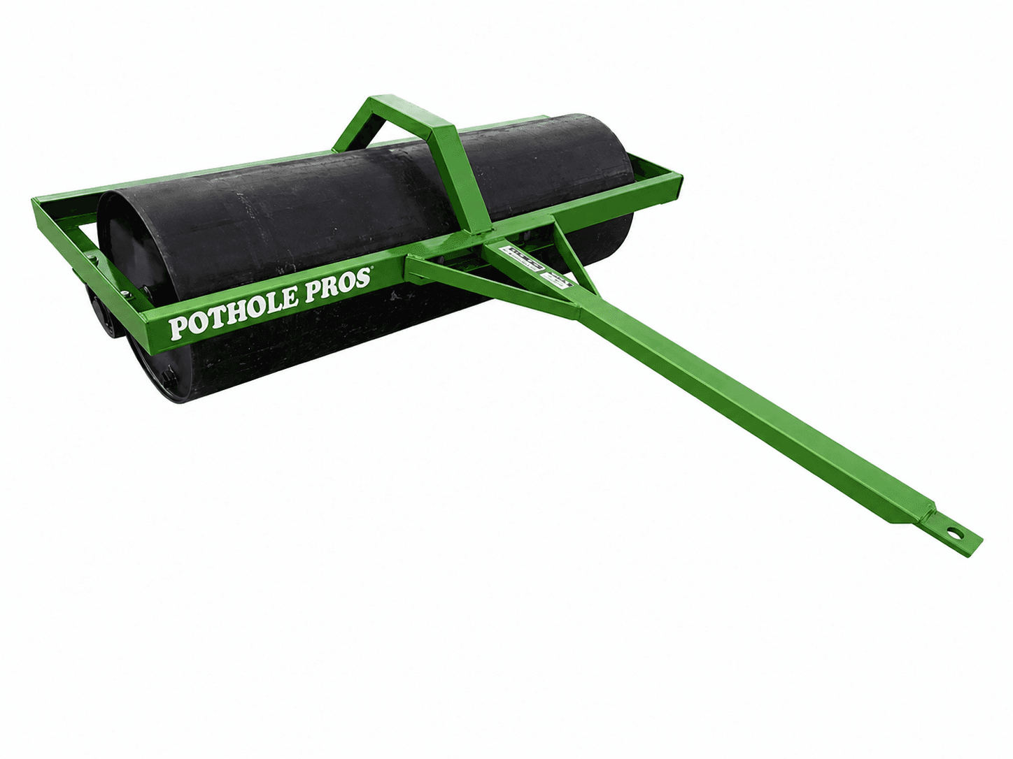 Pothole Pros pull-behind asphalt roller with a green metal frame and large black cylindrical drum.