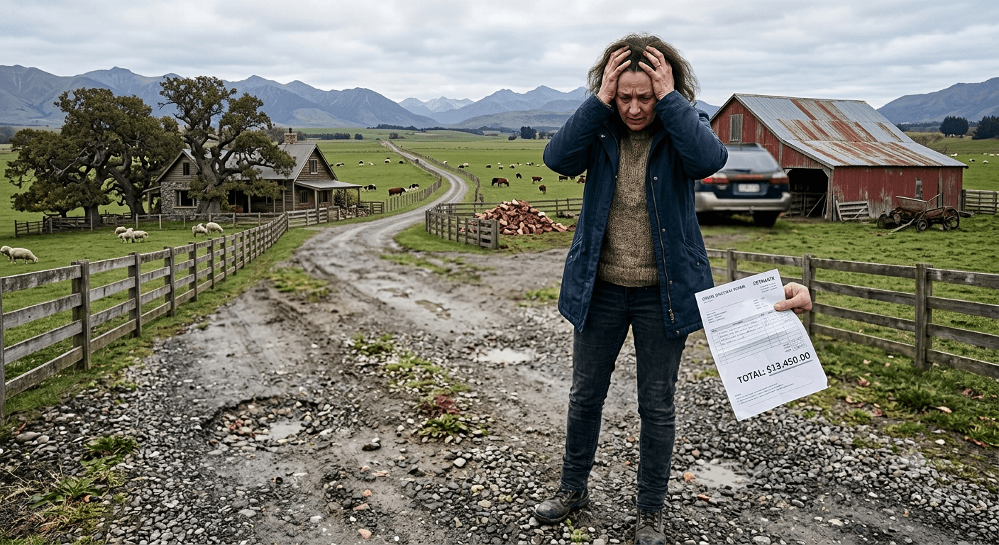Distressed woman on a farm holds her head beside a hand holding a $13,450 bill.