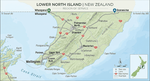 Map of the lower North Island, New Zealand, showing service regions, towns, and highways.